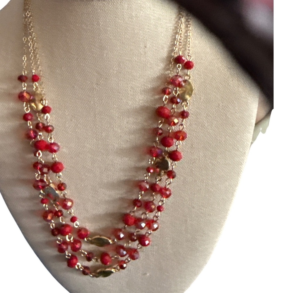 Erica Lyons Red Faceted Bead Triple Strand Gold Tone Layered Statement Necklace